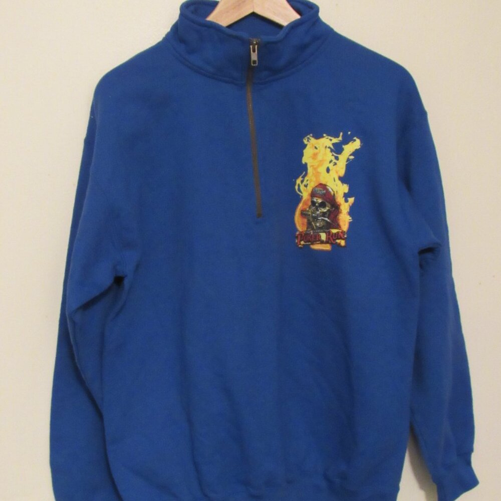 Mens Quarter Zip Pullover Fleece Sweatshirt Blue Medium Pirate Themed Poker Run